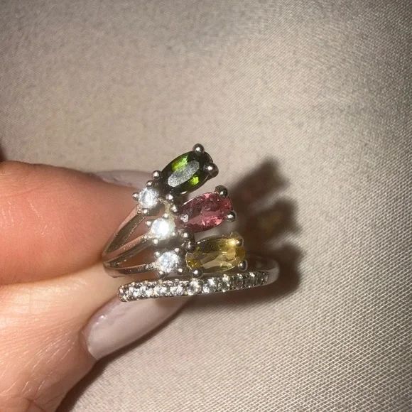 Natural Multi-Color Tourmaline Ring — Sterling Silver - Picture 2 of 6